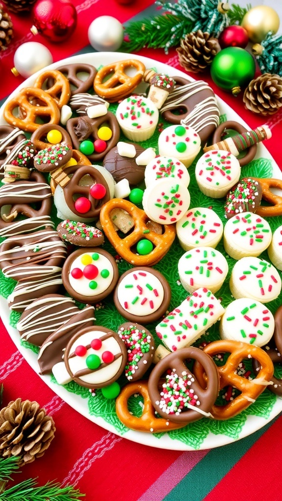 A colorful assortment of no-bake Christmas treats on a festive platter, including chocolate pretzels and cheesecake bites.